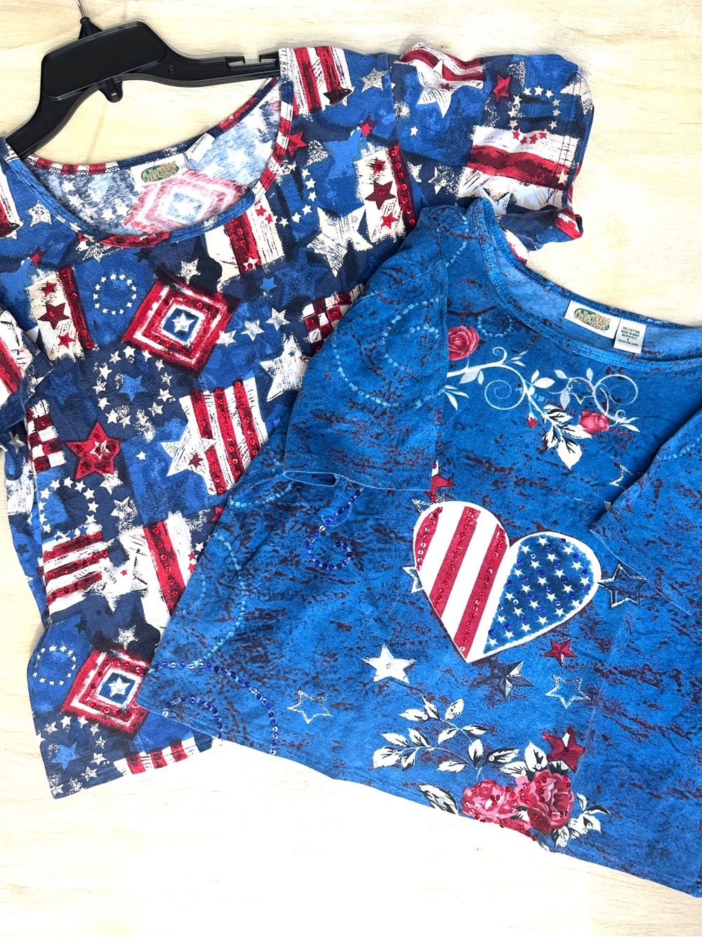 Two Patriotic Blue Graphic Tops - Stars & Stripes Heart